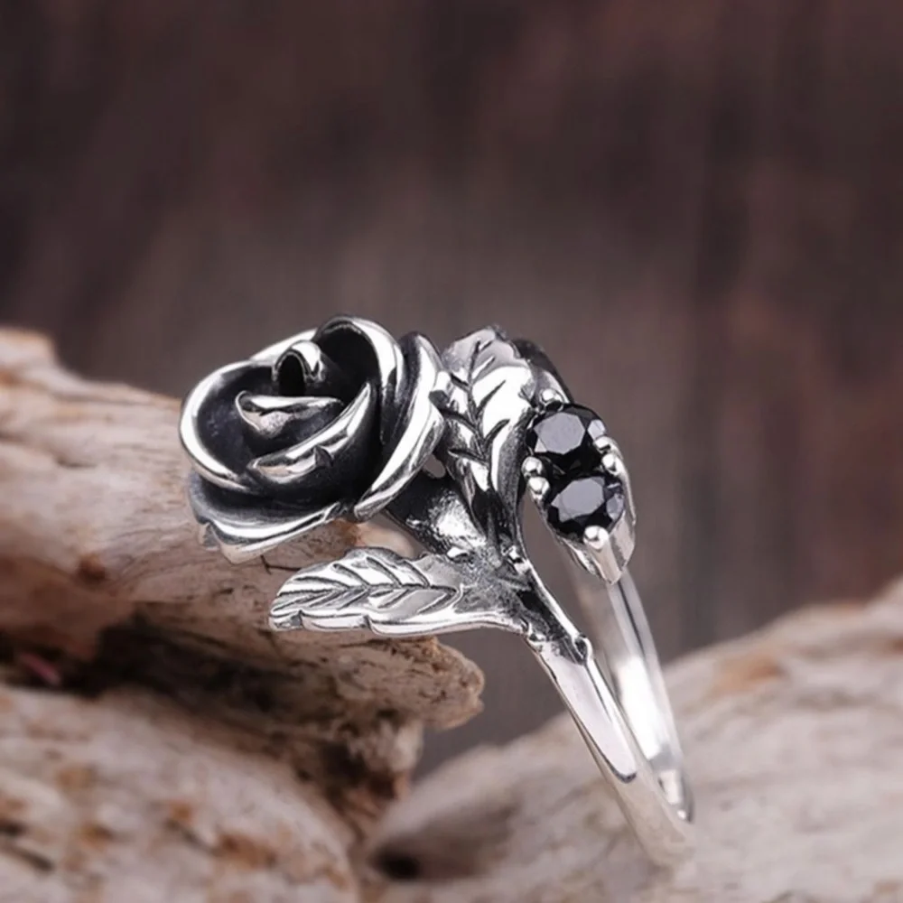 STERLING SILVER ROSE AND BLACK CZ RING - Picture 2 of 11